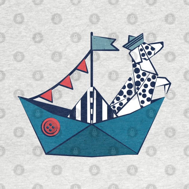 Origami Dalmatian dog day at the lake // print // teal sail boat by SelmaCardoso